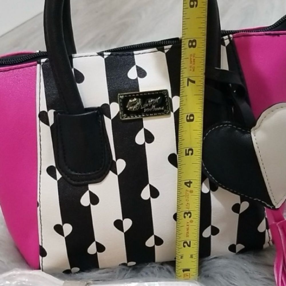 Betsey Johnson Pink and Black Satchel with Heart Print - Picture 2 of 16
